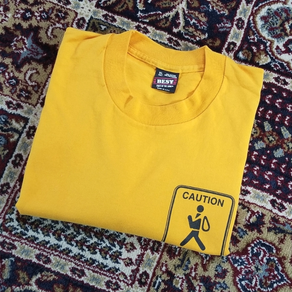 Vintage 90s Best Fruit Of the Loom Single Stitch "Caution Walker" Yellow TShirt